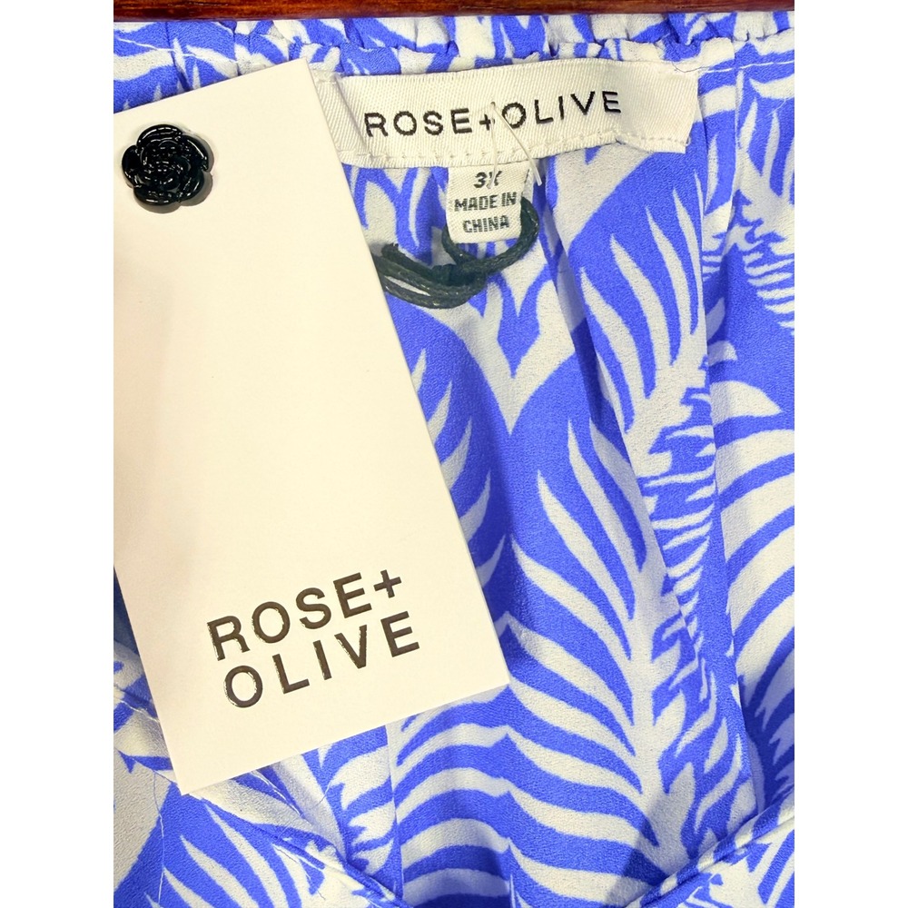 Rose + Olive Women Blue White Damask Leaf Print Tassel Tie Rayon Blouse Size 3X